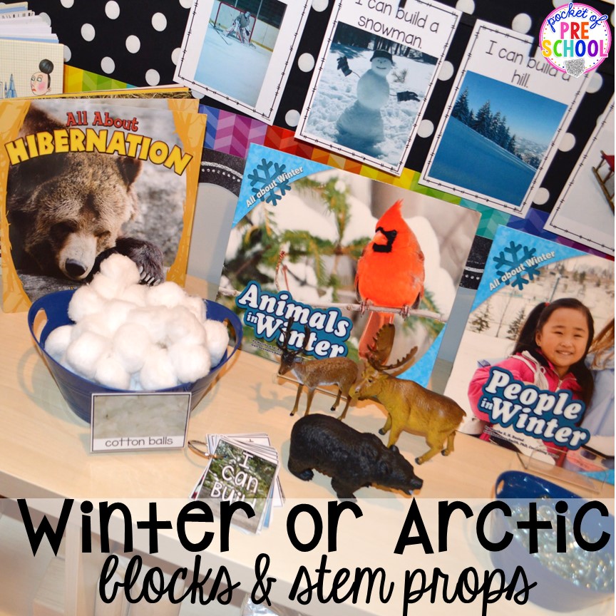 Winter or Arctic theme & STEM challenge in the blocks center! Blocks & STEM prop idea list for the WHOLE year, every season, holiday, and theme! #preschool #prek #kindergarten #STEM #blockscenter