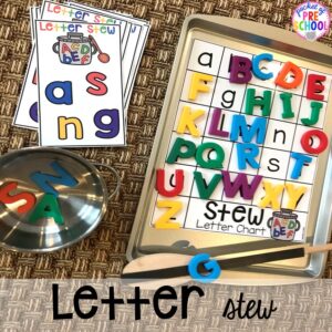 Letter stew! Literacy Stews is a FUN letter, beginning sound, sight word, and name game for preschool, pre-k, and kindergarten. #preschool #prek #lettergame #sightwords