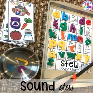 Beginning sound Stew! Literacy Stews is a FUN letter, beginning sound, sight word, and name game for preschool, pre-k, and kindergarten. #preschool #prek #lettergame #sightwords
