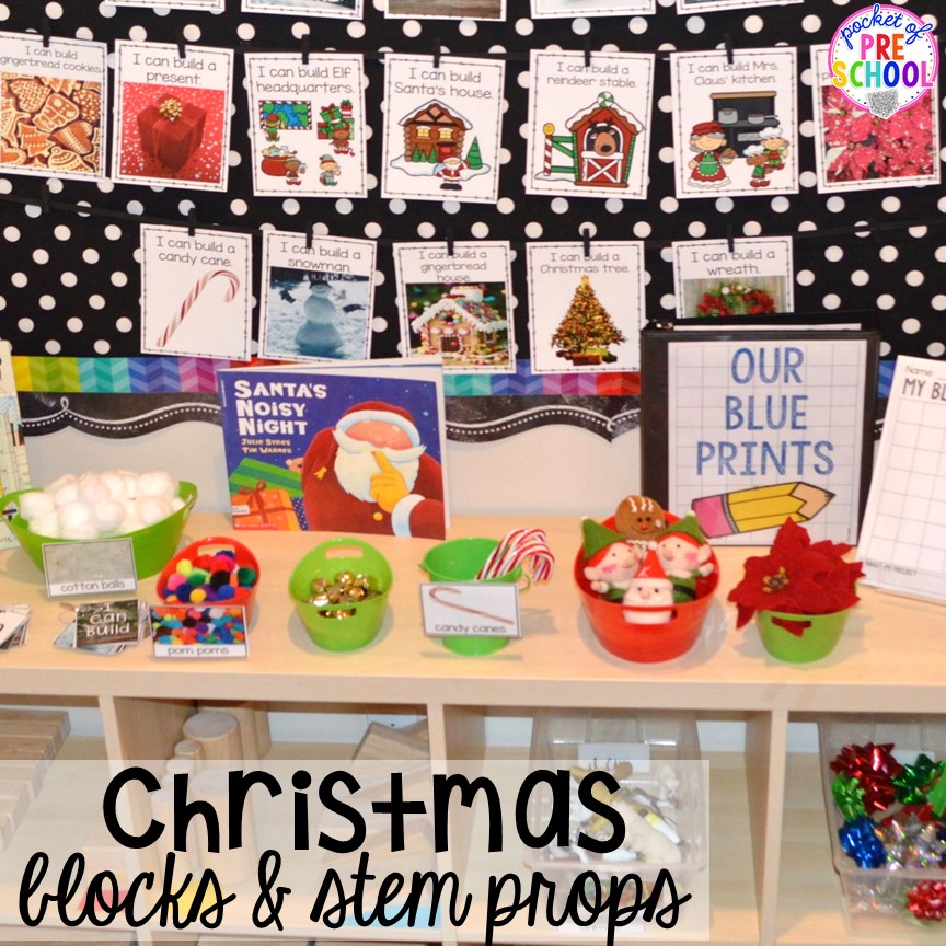 Christmas theme & STEM challenge in the blocks center! Blocks & STEM prop idea list for the WHOLE year, every season, holiday, and theme! #preschool #prek #kindergarten #STEM #blockscenter
