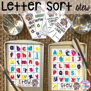 Sorting letter game! Literacy Stews is a FUN letter, beginning sound, sight word, and name game for preschool, pre-k, and kindergarten. #preschool #prek #lettergame #sightwords