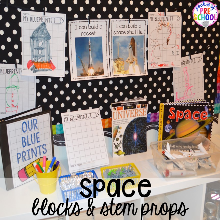 Space theme & STEM challenge in the blocks center! Blocks & STEM prop idea list for the WHOLE year, every season, holiday, and theme! #preschool #prek #kindergarten #STEM #blockscenter
