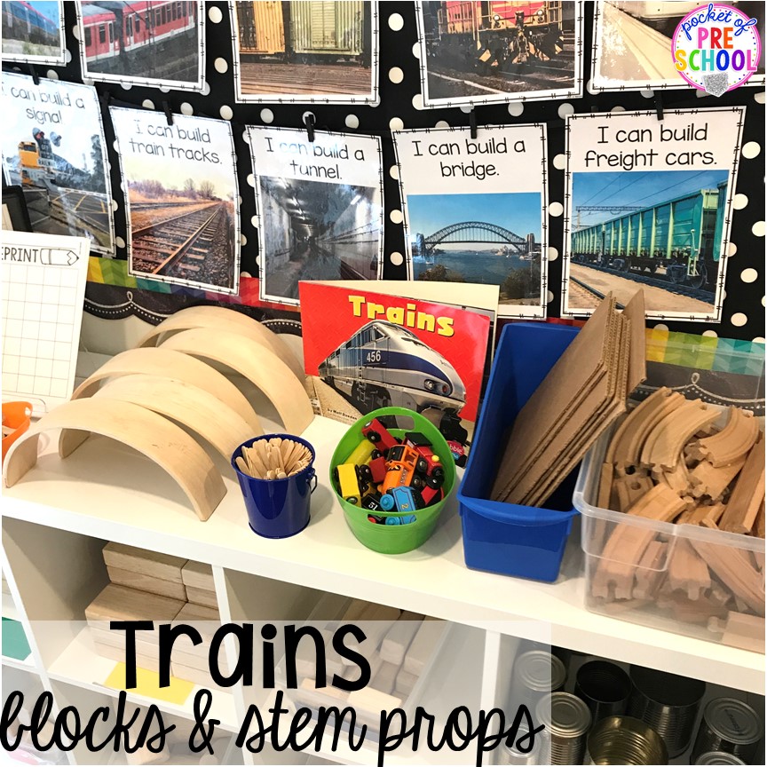 Trains theme & STEM challenge in the blocks center! Blocks & STEM prop idea list for the WHOLE year, every season, holiday, and theme! #preschool #prek #kindergarten #STEM #blockscenter
