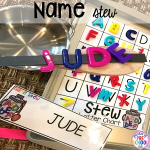 Name game! Literacy Stews is a FUN letter, beginning sound, sight word, and name game for preschool, pre-k, and kindergarten. #preschool #prek #lettergame #sightwords