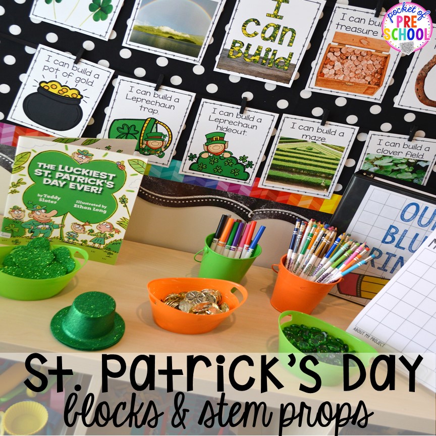 St. Patrick's Day theme & STEM challenge in the blocks center! Blocks & STEM prop idea list for the WHOLE year, every season, holiday, and theme! #preschool #prek #kindergarten #STEM #blockscenter