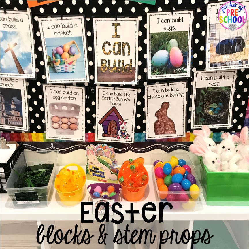 Easter theme & STEM challenge in the blocks center! Blocks & STEM prop idea list for the WHOLE year, every season, holiday, and theme! #preschool #prek #kindergarten #STEM #blockscenter