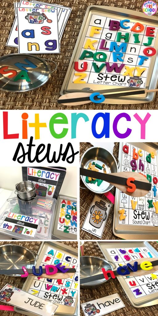 Literacy Stews are a FUN letter, beginning sound, sight word, and name game for preschool, pre-k, and kindergarten. #preschool #prek #lettergame #sightwords