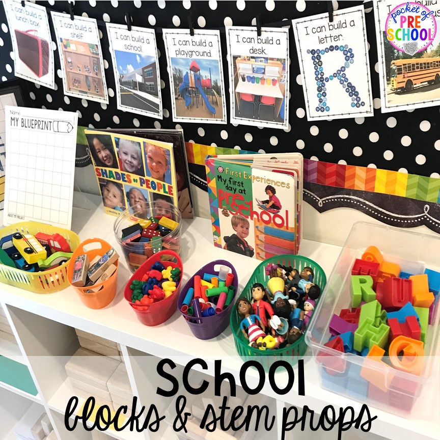 School theme & STEM challenge in the blocks center! Blocks & STEM prop idea list for the WHOLE year, every season, holiday, and theme! #preschool #prek #kindergarten #STEM #blockscenter