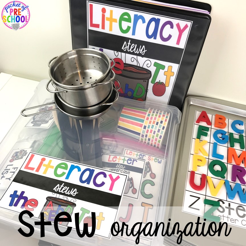Stew organization! Literacy Stews is a FUN letter, beginning sound, sight word, and name game for preschool, pre-k, and kindergarten. #preschool #prek #lettergame #sightwords