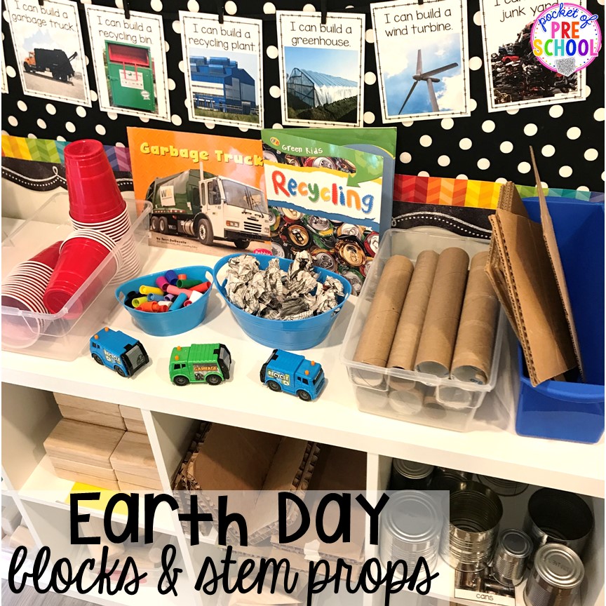 Earth Day theme & STEM challenge in the blocks center! Blocks & STEM prop idea list for the WHOLE year, every season, holiday, and theme! #preschool #prek #kindergarten #STEM #blockscenter