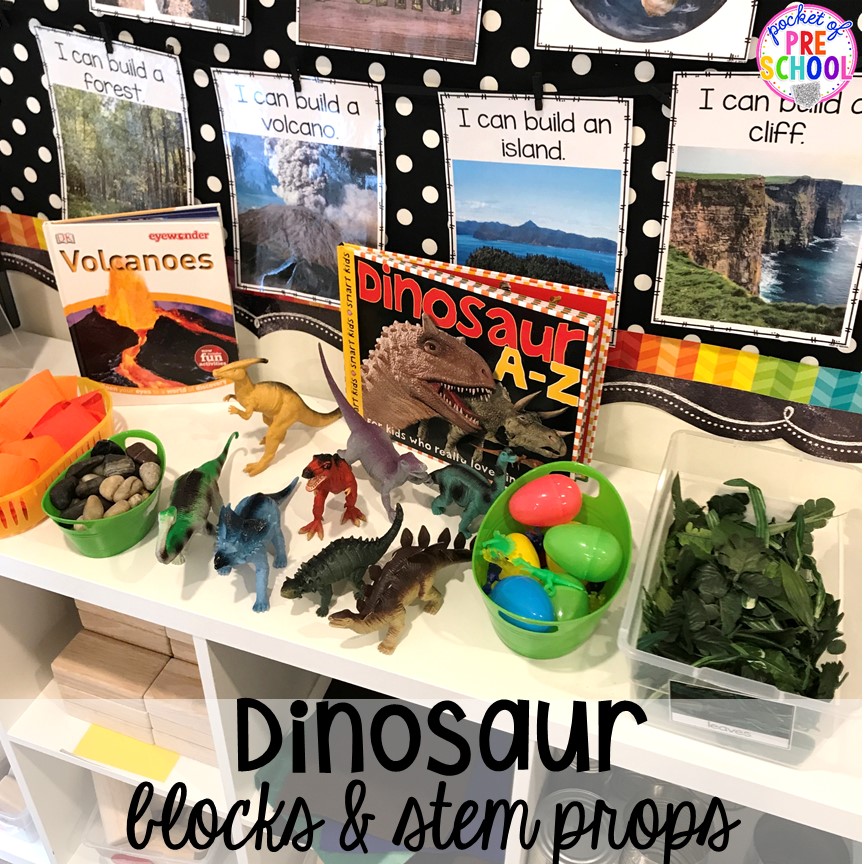 Dinosaur theme & STEM challenge in the blocks center! Blocks & STEM prop idea list for the WHOLE year, every season, holiday, and theme! #preschool #prek #kindergarten #STEM #blockscenter