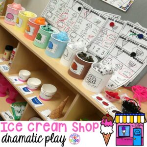 Ice Cream Shop dramatic play - Check out all my DIY tips and tricks to set one up in your preschool, pre-k, or kindergarten classroom. #icecreamshop #icecreamtheme #dramaticplay