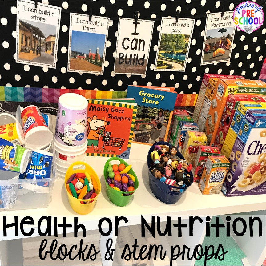 Health, Nutrition, or Food theme & STEM challenge in the blocks center! Blocks & STEM prop idea list for the WHOLE year, every season, holiday, and theme! #preschool #prek #kindergarten #STEM #blockscenter