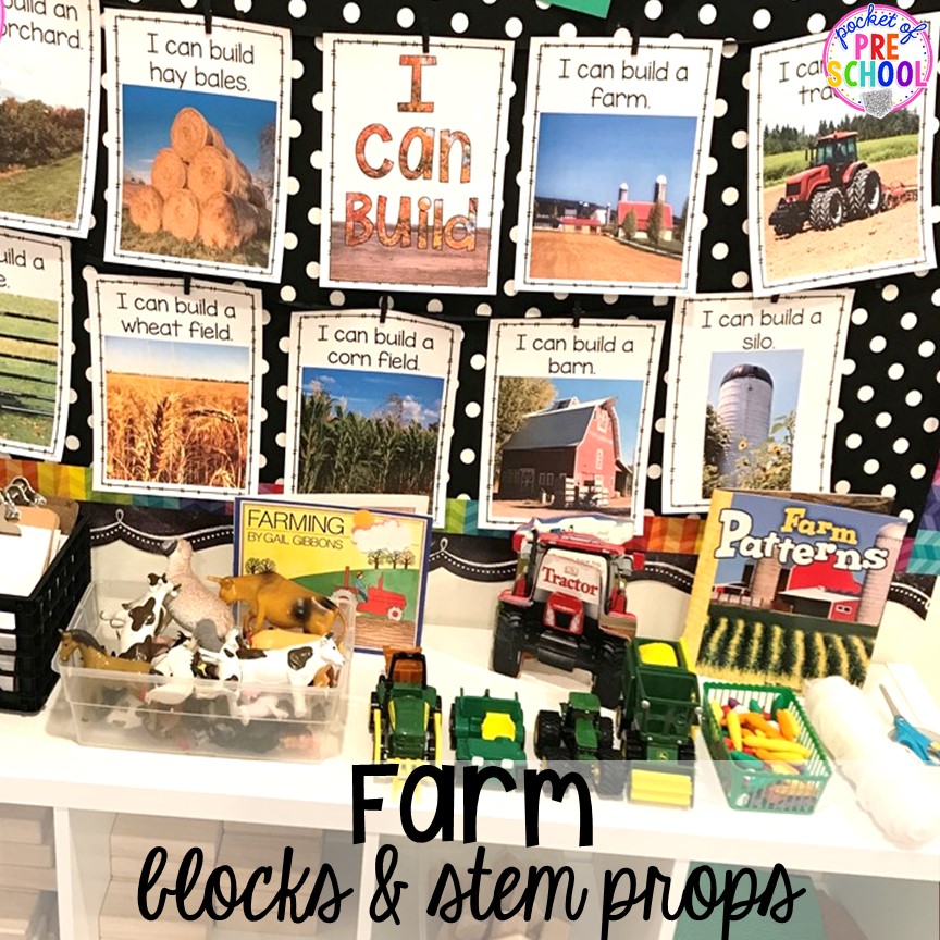 Farm theme & STEM challenge in the blocks center! Blocks & STEM prop idea list for the WHOLE year, every season, holiday, and theme! #preschool #prek #kindergarten #STEM #blockscenter