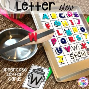 Letter stew! Literacy Stews is a FUN letter, beginning sound, sight word, and name game for preschool, pre-k, and kindergarten. #preschool #prek #lettergame #sightwords