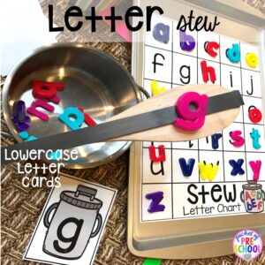 Magnet letter game! Literacy Stews is a FUN letter, beginning sound, sight word, and name game for preschool, pre-k, and kindergarten. #preschool #prek #lettergame #sightwords