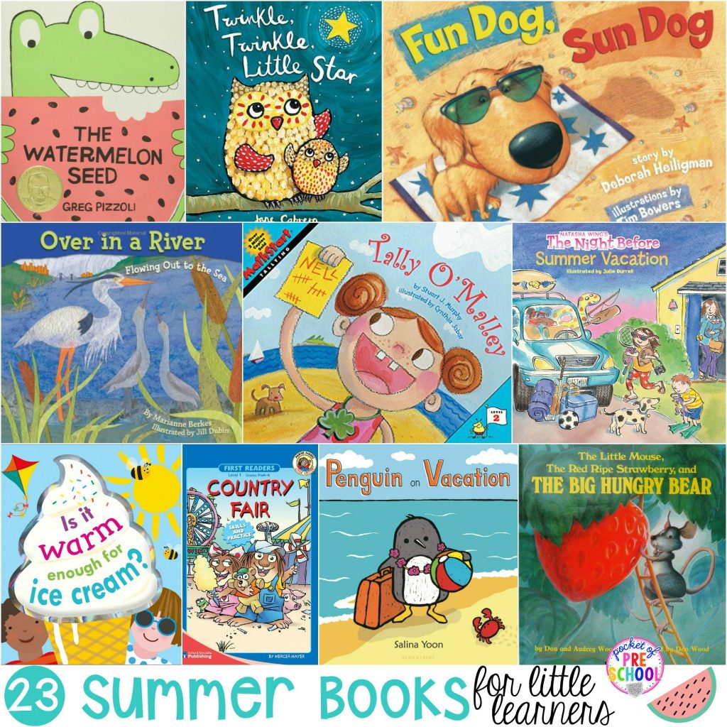 Giant summer themed book list perfect for circle time that your preschool, pre-k, and kindergarten love listening to! #preschool #prek #summertheme #booklist