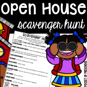 A scavenger hunt to use during open house time to introduce your preschool, pre-k, or kindergarten students to their new room.