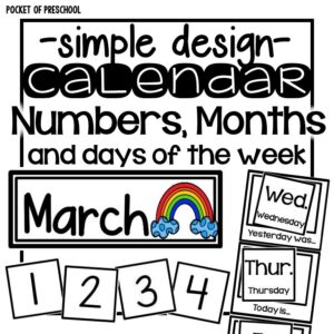 Simple design calendar numbers, months, and days of the week for your preschool, pre-k, or kindergarten room.