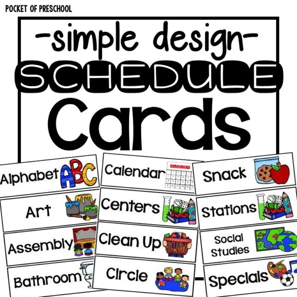Simple design schedule cards for your preschool, pre-k, or kindergarten room.
