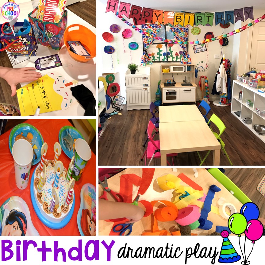 How to set up a Birthday Party dramatic play. Perfect for a preschool & pre-k classroom. #dramaticplay #preschool #pre-k #birthdaytheme