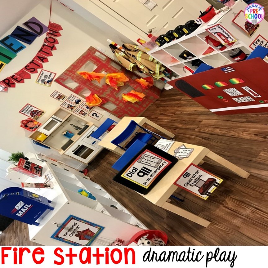 Fire Station dramatic play is so much for a fire safety theme or community helpers theme. #dramaticplay #firestationdramaticplay #preschool #prek #firesafteytheme