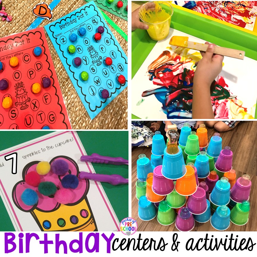 Birthday theme activities and centers preschool, pre-k, and kinder students will LOVE! FREE play dough mats too. #birthdaytheme #preschool #pre 