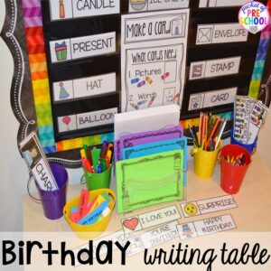 Birthday themed writing center! Birthday theme activities and centers preschool, pre-k, and kinder students will LOVE!