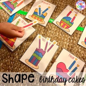 Birthday cake shape game! Birthday theme activities and centers preschool, pre-k, and kinder students will LOVE!