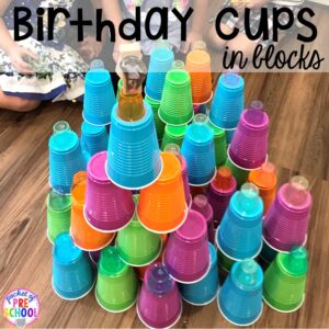 Building with birthday cups for a birthday theme in the blocks center! STEM challenge for preschool, pre-k, and kindergarten kiddos.