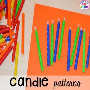Candle pattern activity for a birthday theme! Birthday theme activities and centers preschool, pre-k, and kinder students will LOVE!