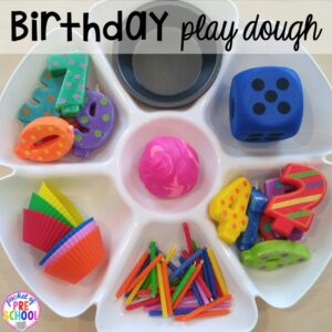 Birthday themed play dough tray! Birthday theme activities and centers preschool, pre-k, and kinder students will LOVE!