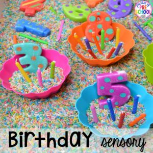 Birthday themed sensory table! Birthday theme activities and centers preschool, pre-k, and kinder students will LOVE!
