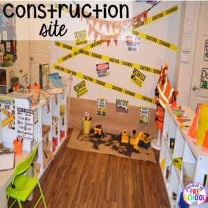 Tips and tricks to make a Construction site in the dramatic play center perfect for preschool, pre-k, and kindergarten. #constructiontheme #preschool #prek #dramaticplay