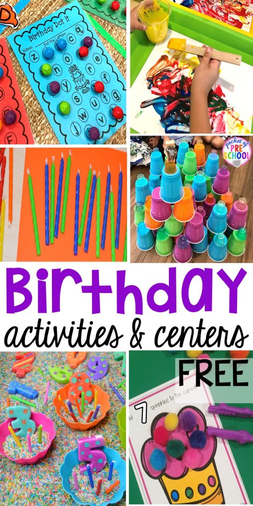 Birthday theme activities and centers preschool, pre-k, and kinder students will LOVE! FREE play dough mats too. #birthdaytheme #preschool #pre