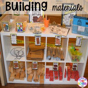 Building materials for a Construction site dramatic play perfect for preschool, pre-k, and kindergarten. #constructiontheme #preschool #prek #dramaticplay