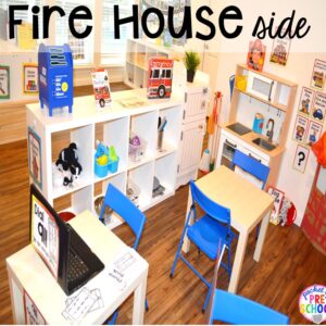 Fire house at the Fire Station dramatic play! It's so much for a fire safety theme or community helpers theme. #dramaticplay #firestationdramaticplay #preschool #prek #firesafteytheme