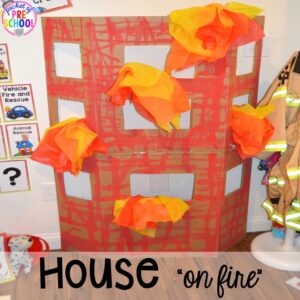 House on "fire" at the Fire Station dramatic play! It's so much for a fire safety theme or community helpers theme. #dramaticplay #firestationdramaticplay #preschool #prek #firesafteytheme