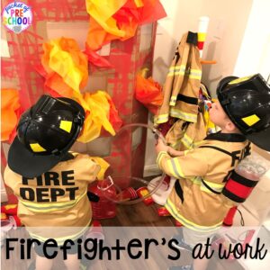 Fire Station dramatic play! It's so much for a fire safety theme or community helpers theme. #dramaticplay #firestationdramaticplay #preschool #prek #firesafteytheme