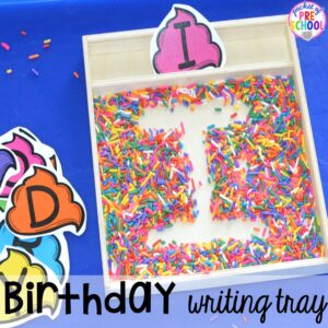 Sprinkle writing tray! Birthday theme activities and centers preschool, pre-k, and kinder students will LOVE!