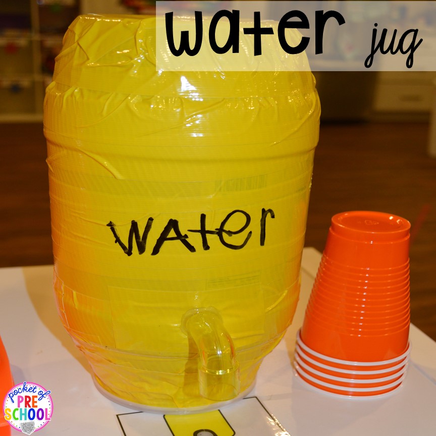 DIY water jug for a Construction site dramatic play perfect for preschool, pre-k, and kindergarten. #constructiontheme #preschool #prek #dramaticplay