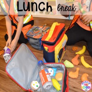 Lunch break at a Construction site dramatic play perfect for preschool, pre-k, and kindergarten. #constructiontheme #preschool #prek #dramaticplay