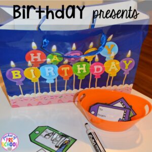 Make gift tags for a Birthday Party dramatic play. Perfect for a preschool & pre-k classroom. #dramaticplay #preschool #pre-k #birthdaytheme