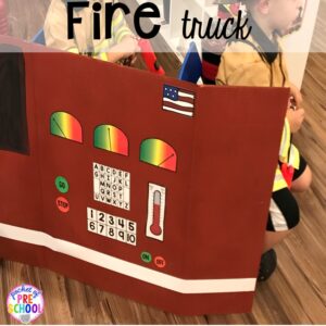 DIY fire truck for the Fire Station dramatic play! It's so much for a fire safety theme or community helpers theme. #dramaticplay #firestationdramaticplay #preschool #prek #firesafteytheme