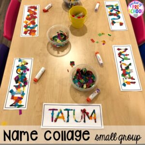 Name collage small group. Small group ideas, tip,s and tricks for preschool, pre-k, and kindergarten FREE printable list! #smallgroup #preschool #prek #lessonplans