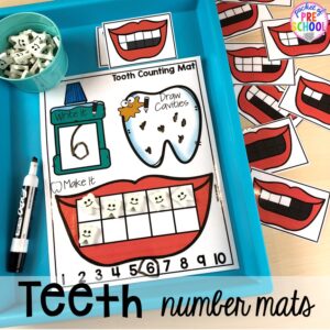 Teeth number mats! Dental health themed activities and centers for preschool, pre-k, and kindergarten (FREEBIES too) #dentalhealththeme #preschool #pre-k #tooththeme