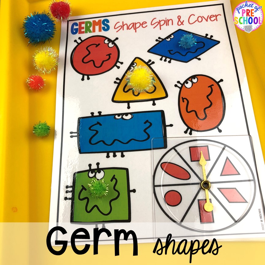 Germ shape game! My Body themed centers and activities FREEBIES too! Preschool, pre-k, and kindergarten kiddos will love these centers.