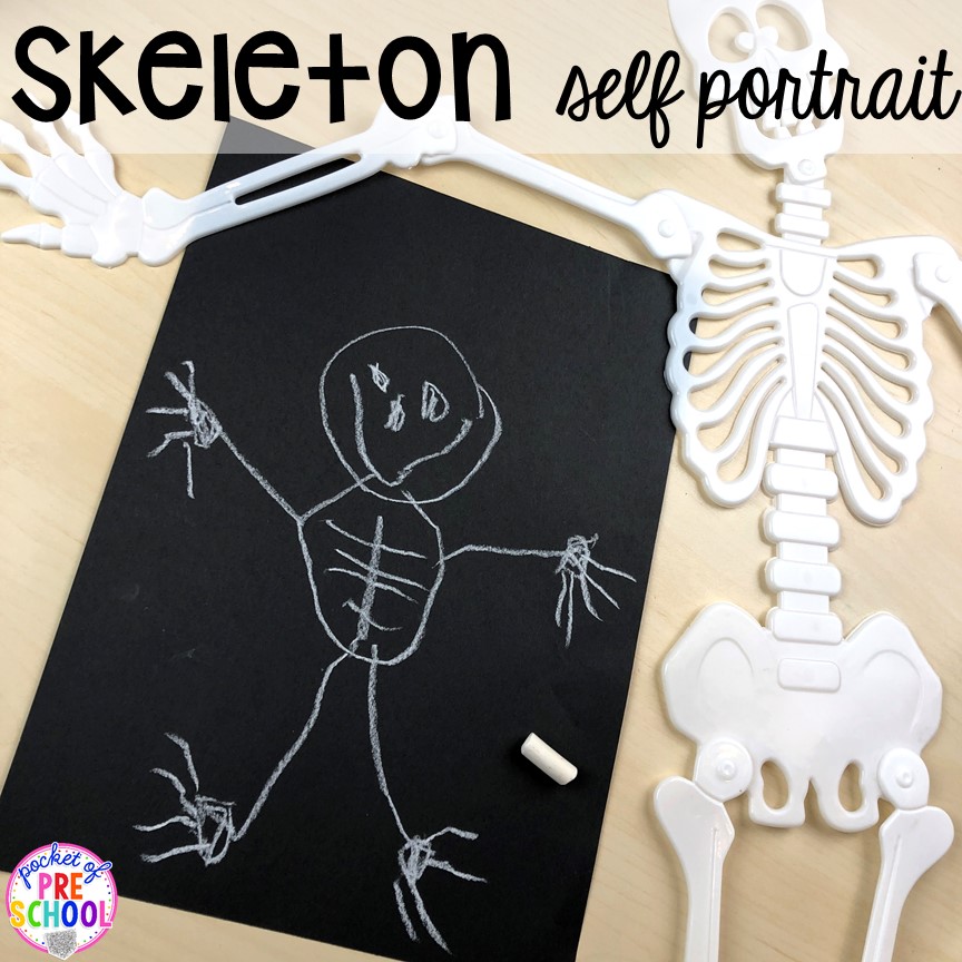 Skeleton self portrait! My Body themed centers and activities FREEBIES too! Preschool, pre-k, and kindergarten kiddos will love these centers.