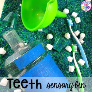 Teeth Sensory Table! Dental health themed activities and centers for preschool, pre-k, and kindergarten (FREEBIES too) #dentalhealththeme #preschool #pre-k #tooththeme