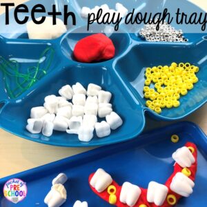 Teeth play dough tray! Dental health themed activities and centers for preschool, pre-k, and kindergarten (FREEBIES too) #dentalhealththeme #preschool #pre-k #tooththeme